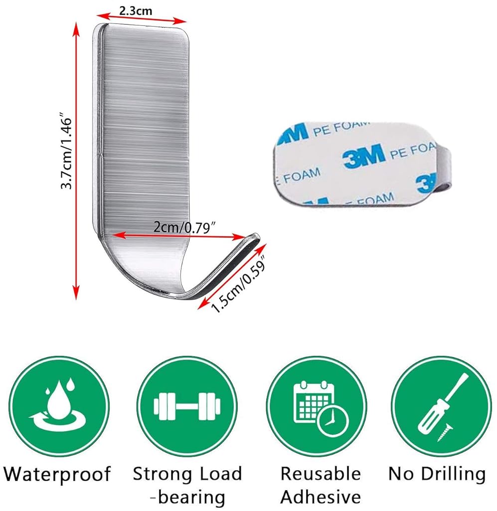 HASTHIP® Hooks for Wall Without Drilling, Stainless Steel Adhesive Wall Hanger Self Adhesive Waterproof Heavy Duty Sticky Narrow Wall Hooks (Pack 8). HASTHIP® Hooks for Wall Without Drilling, Stainless Steel Adhesive Wall Hanger Self Adhesive Waterproof Heavy Duty Sticky Narrow Wall Hooks (Pack 8).